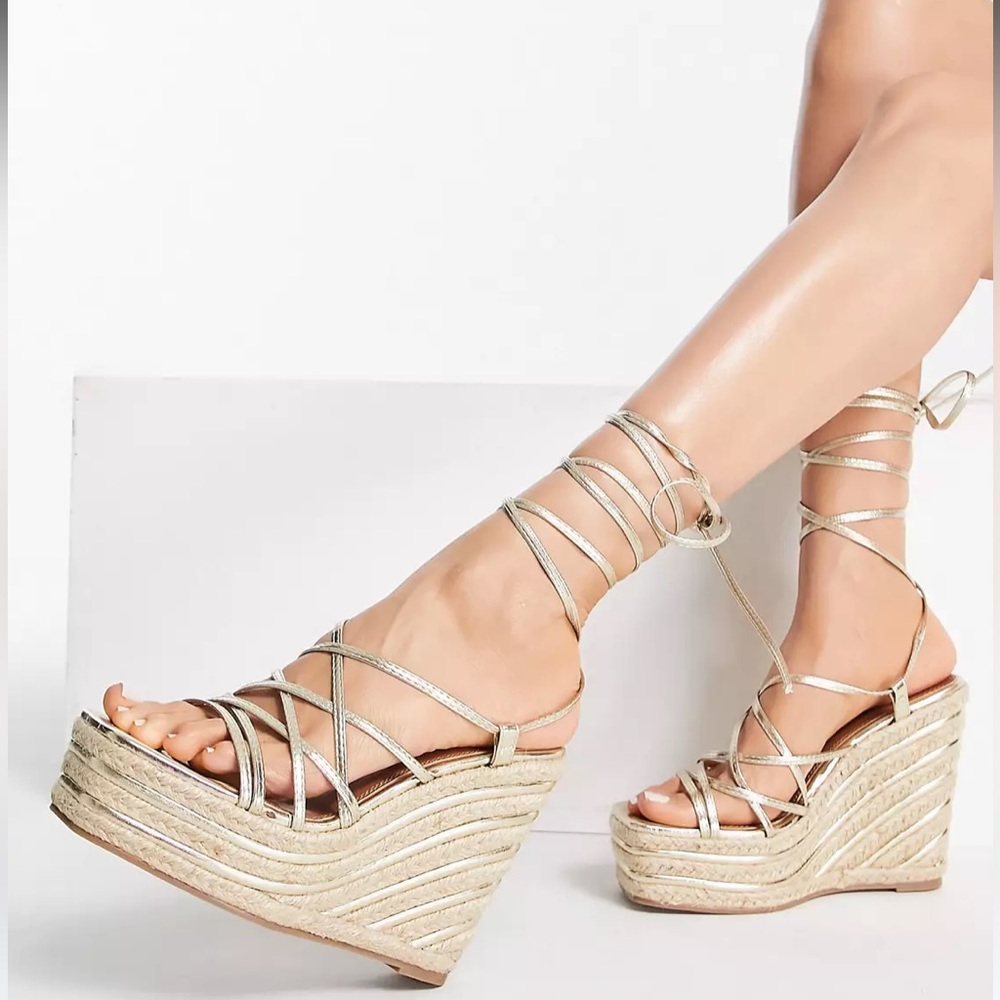 ASOS DESIGN Thalia strappy tie leg platform wedges in gold